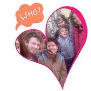 A group of people in a heart shape, spreading joy and fun with speech bubbles.