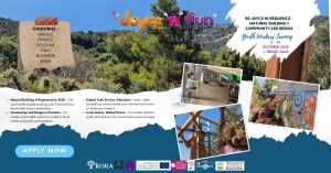 Event flyer for "Joyce 'n' fun," outlining a youth workshop on natural building, community-led design, and eco-education in October 2025—featuring partner countries, hands-on activities, and an “Apply Now” button.